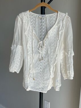 Johnny Was White Eyelet Ruffle Peasant Blouse